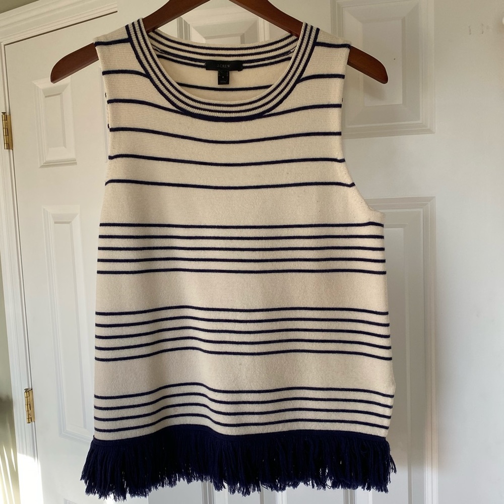 JCrew Boat neck knit sleeveless striped sweater top with fringe sz S